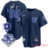 New York Yankees x Jay Z 2026 Edition Striped Baseball Jersey in navy blue with Roc-A-Fella patches and 96 back print
