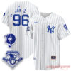 New York Yankees x Jay Z 2026 Edition Striped Baseball Jersey in white and blue, with Roc-A-Fella patches & 96 back print