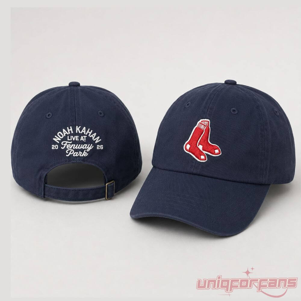 Noah Kahan Fenway Tour Hat featuring front red socks embroidery and back Live at Fenway Park text on navy dad caps