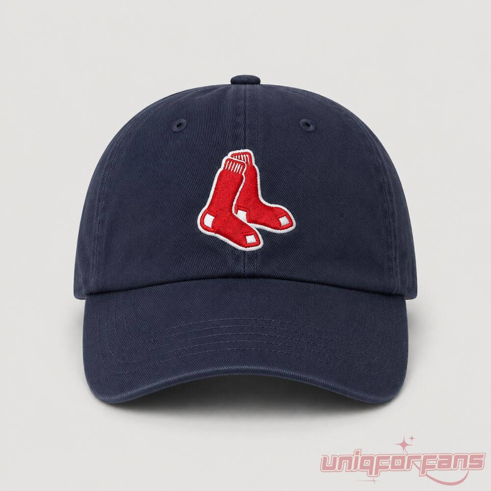 Noah Kahan Fenway Tour Hat in navy blue showcasing embroidered red socks logo on the front panel of the baseball cap