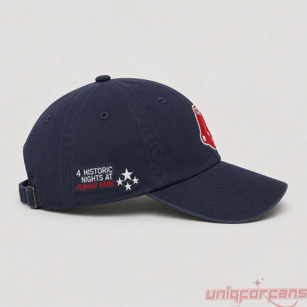 Noah Kahan Fenway Tour Hat side view detailing white embroidered 4 Historic Nights at Fenway Park text and stars