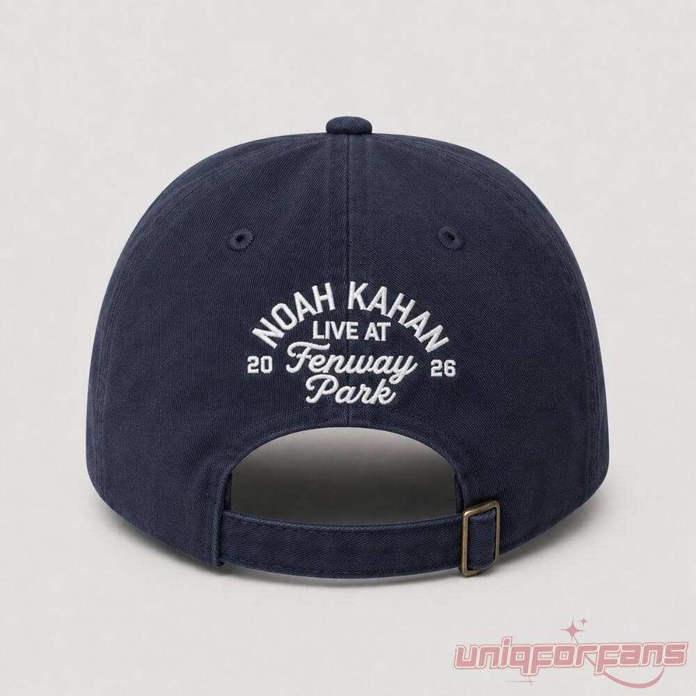 Noah Kahan Fenway Tour Hat back closure showing white Live at Fenway Park 2026 embroidery on a navy blue strapback