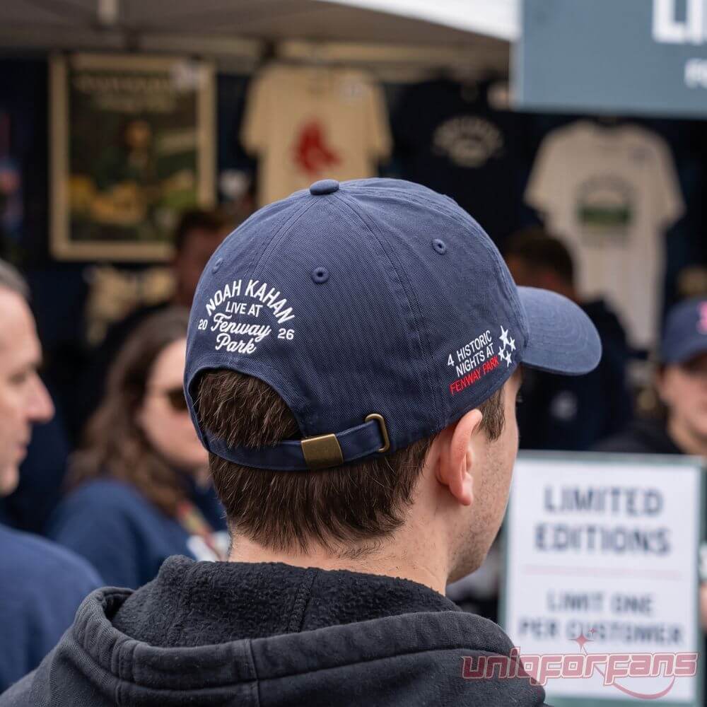 Noah Kahan Fenway Tour Hat worn by a fan, showing back Live at Fenway Park text and side 4 Historic Nights embroidery