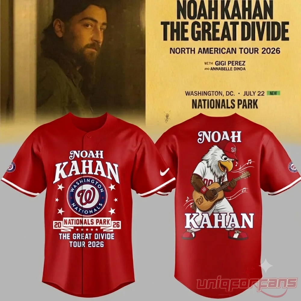 Noah Kahan Concert DC Great Divide Tour 2026 red baseball jersey front and back set with Washington Nationals logo