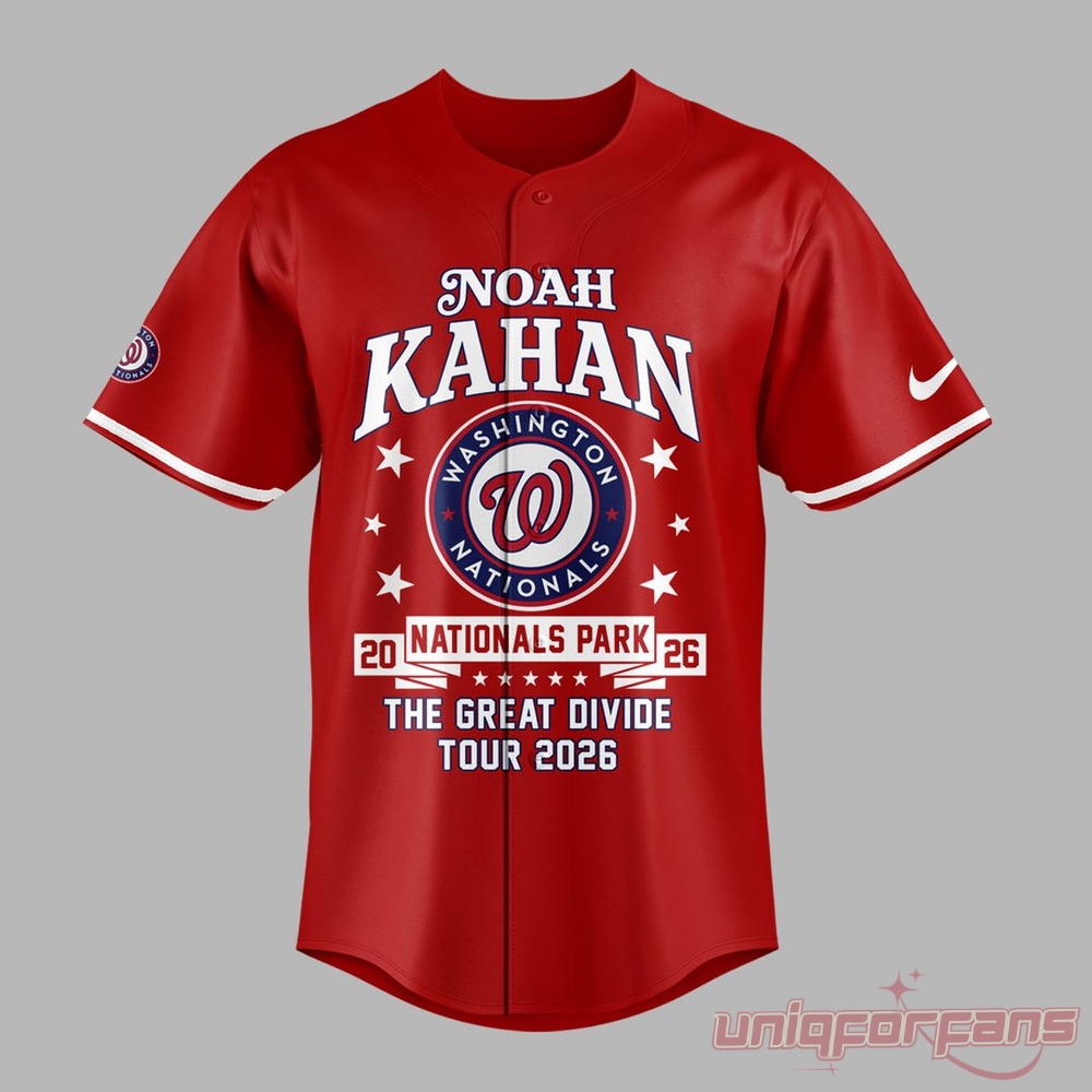 Noah Kahan Concert DC Great Divide Tour 2026 red baseball jersey front view featuring Washington Nationals logo