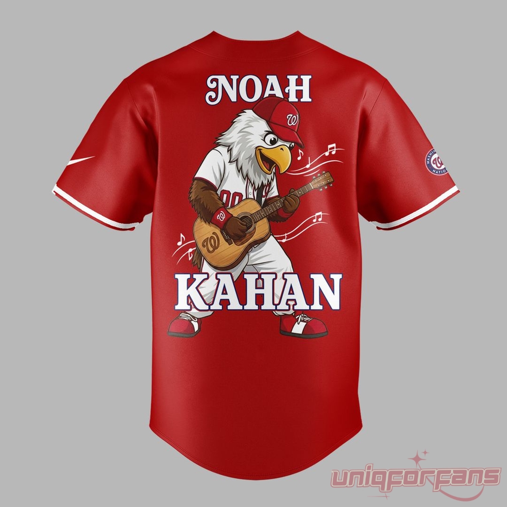 Noah Kahan Concert DC Great Divide Tour 2026 red baseball jersey back view featuring eagle mascot playing guitar