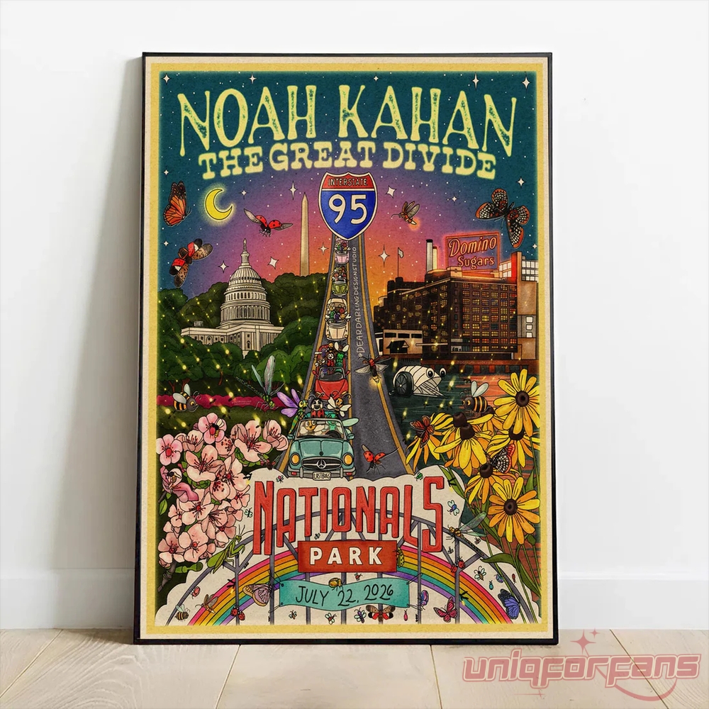 Noah Kahan Great Divide Tour 2026 Washington DC poster canvas featuring US Capitol, I-95, and Nationals Park artwork