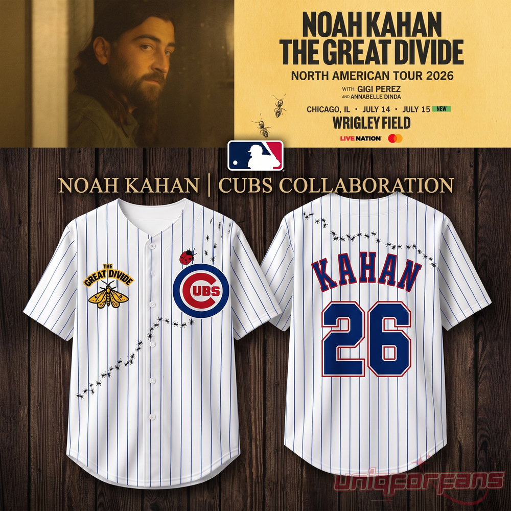 Noah Kahan Great Divide Tour 2026 Wrigley Field Cubs Jersey, white pinstripe design with custom ant details & Kahan 26