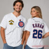 Noah Kahan Great Divide Tour 2026 Wrigley Field Cubs Jersey modeled on a man and woman to show front & back fit