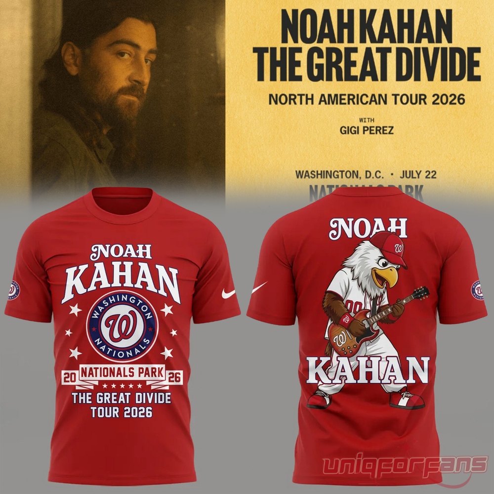 Noah Kahan Nats Park The Great Divide Tour 2026 red shirt showing Nationals logo front and guitar eagle mascot back