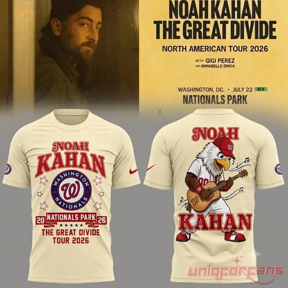 Noah Kahan Nats Park The Great Divide Tour 2026 cream shirt set featuring Washington Nationals logo and eagle graphic