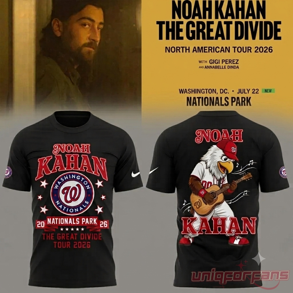 Noah Kahan Nats Park The Great Divide Tour 2026 black shirt front and back view showing Nationals logo and eagle mascot