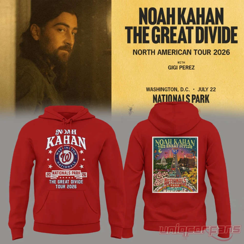 Noah Kahan Washington Nationals Great Divide Tour 2026 hoodie set featuring front team graphic and back concert poster