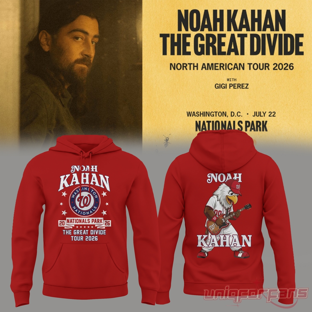 Noah Kahan Washington Nationals Great Divide Tour 2026 red hoodie with front team graphic and back guitar eagle mascot