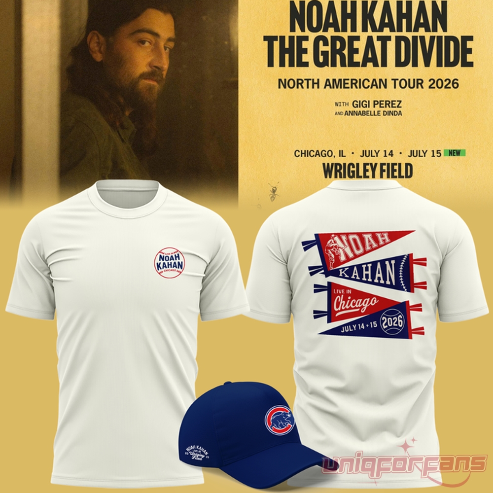 Noah Kahan x Chicago Cubs Great Divide Wrigley Field White Tee 2026 Collection, showing pennant tee and blue cap