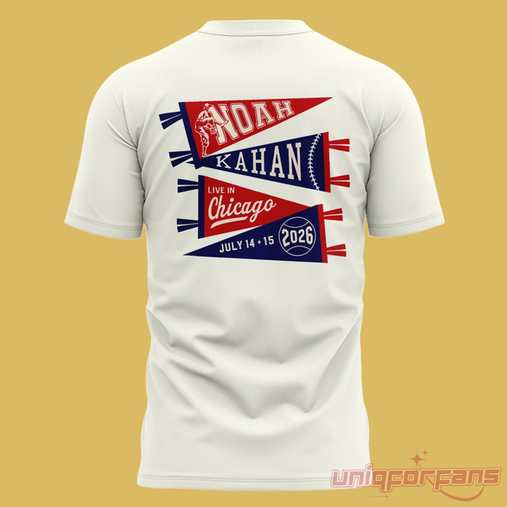 Noah Kahan x Chicago Cubs Great Divide Wrigley Field White Tee 2026 Collection, back view with red and blue pennants