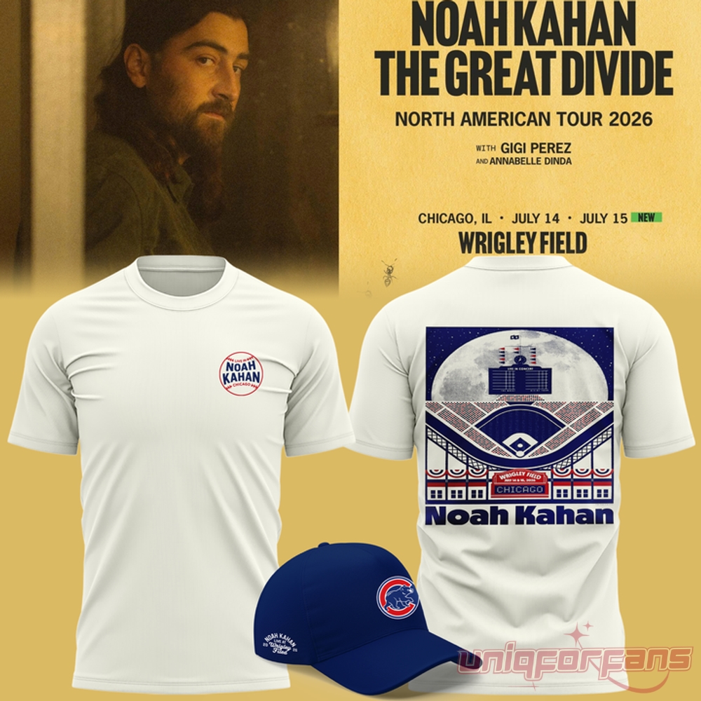 Noah Kahan x Chicago Cubs Great Divide Wrigley Field White Tee 2026 Collection, showing stadium graphic back print