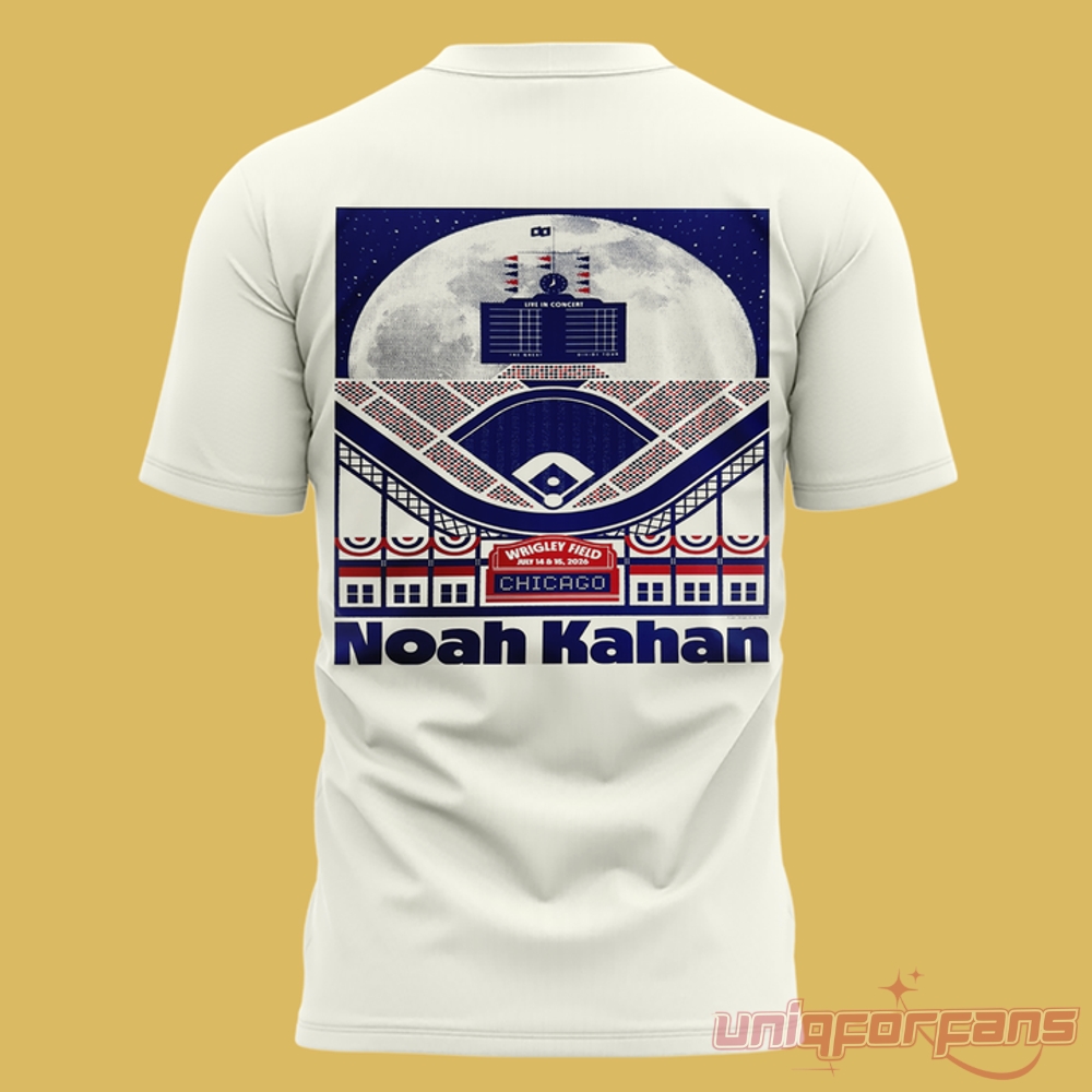 Noah Kahan x Chicago Cubs Great Divide Wrigley Field White Tee 2026, back graphic of a full moon over the stadium