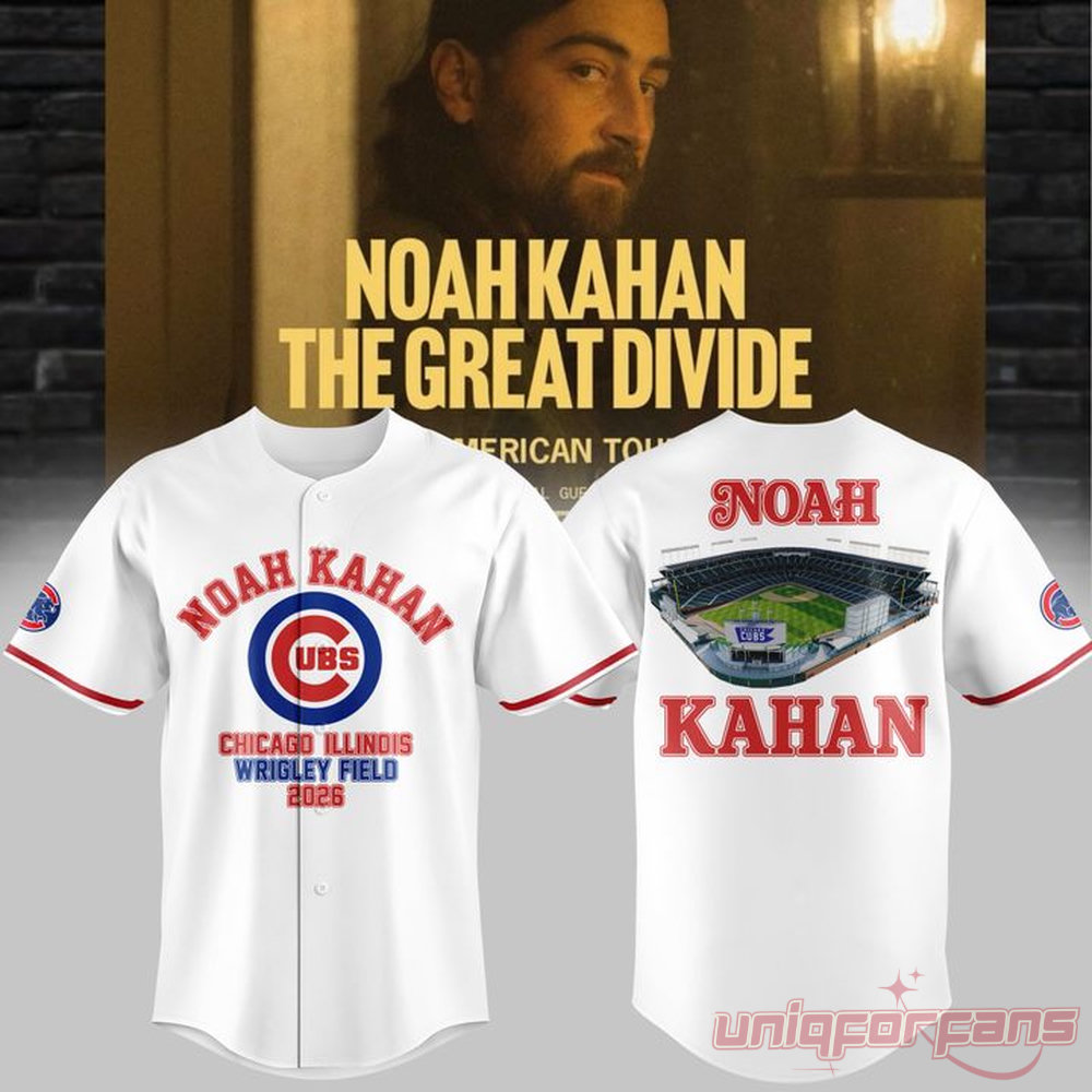 Noah Kahan x Chicago Cubs The Great Divide Tour 2026 Baseball Jersey Collection, showing front and back view