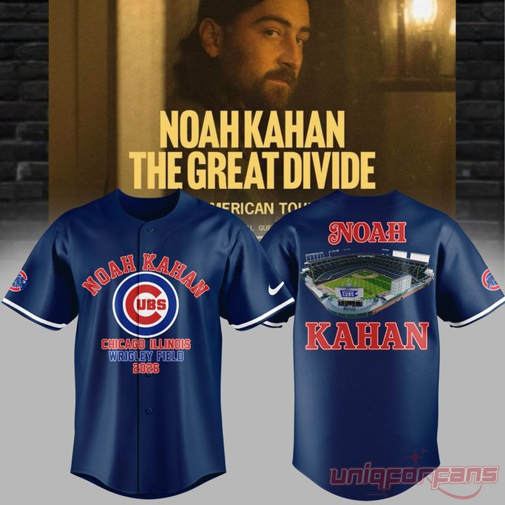 Noah Kahan x Chicago Cubs The Great Divide Tour 2026 Baseball Jersey Collection, blue front and back view