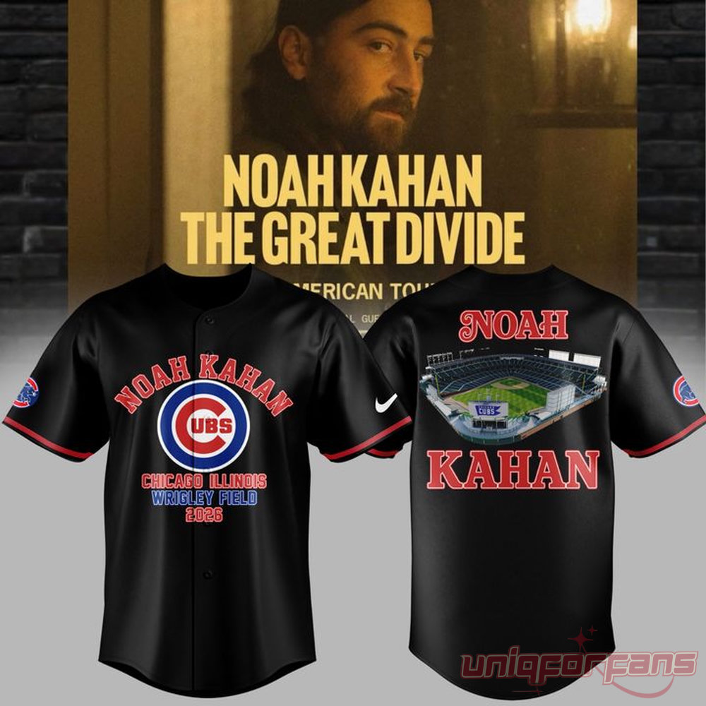 Noah Kahan x Chicago Cubs The Great Divide Tour 2026 Baseball Jersey Collection, black front and back view