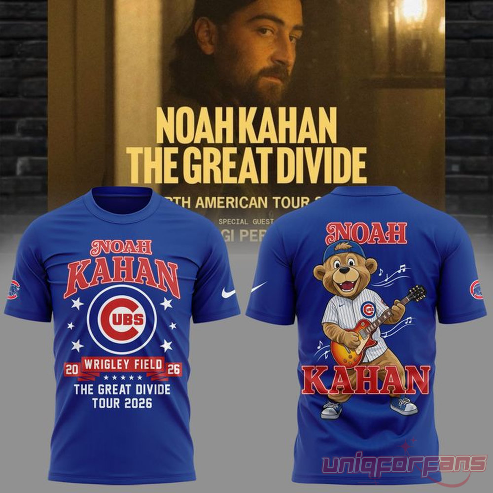 Noah Kahan x Chicago Cubs Wrigley Field Event Great Divide Tour 2026 T-Shirt in blue, with cartoon mascot back print