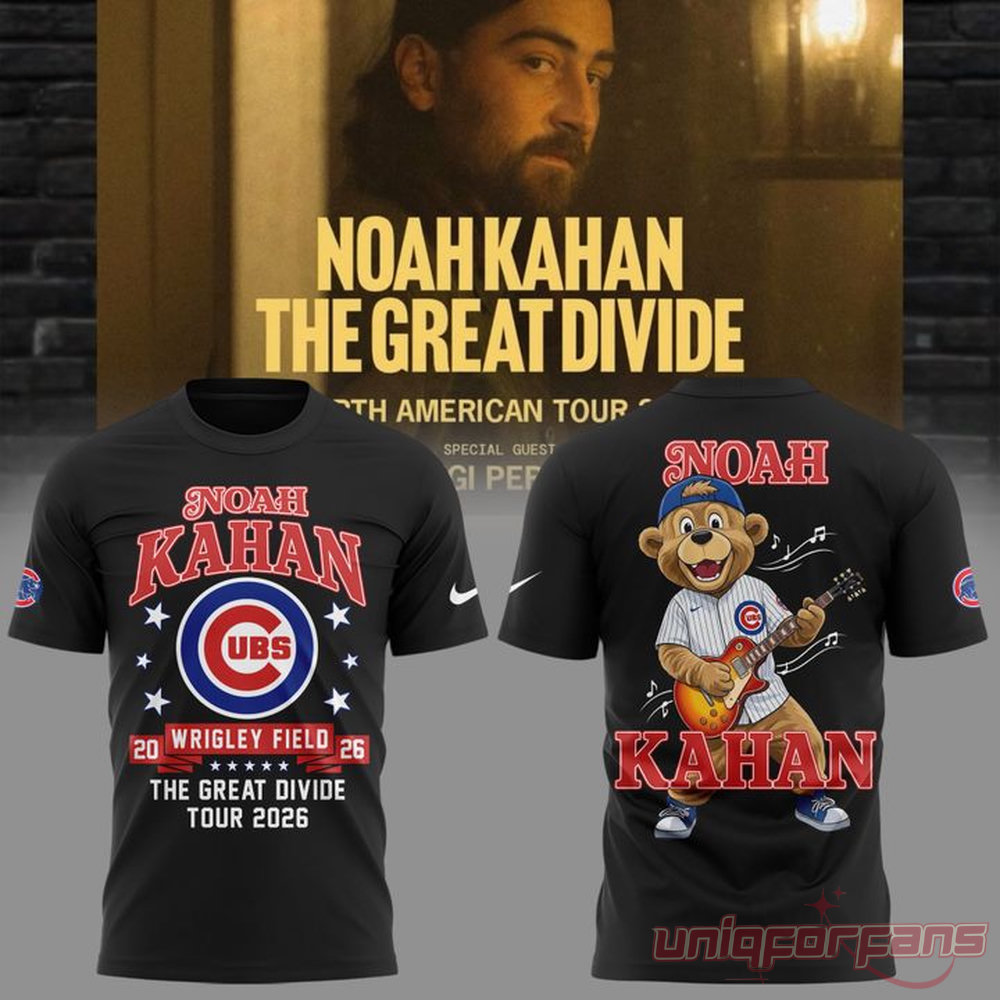 Noah Kahan x Chicago Cubs Wrigley Field Event Great Divide Tour 2026 T-Shirt in black, featuring cartoon bear back print