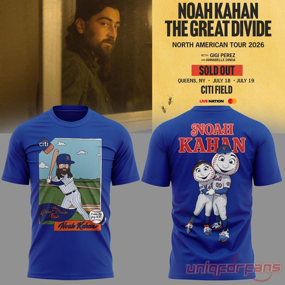 Noah Kahan x New York Mets Great Divide Tour 2026 Blue T-Shirt with baseball graphic and mascot back print