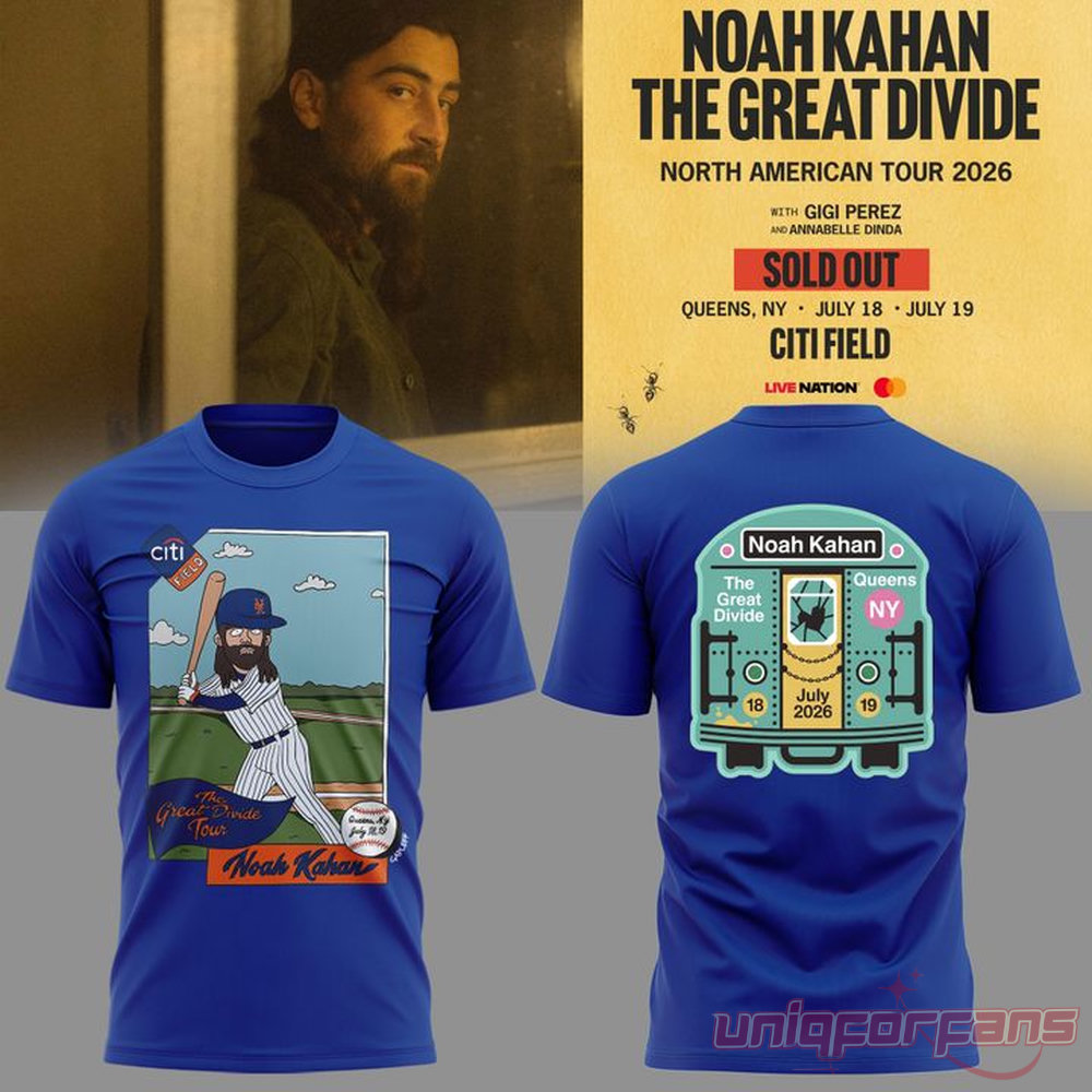 Noah Kahan x New York Mets Great Divide Tour 2026 Blue T-Shirt with player front and subway car back graphic
