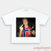 Norway Team Retro Soccer Supporter T-Shirt in white, showcasing a bold graphic photo of a player on the front