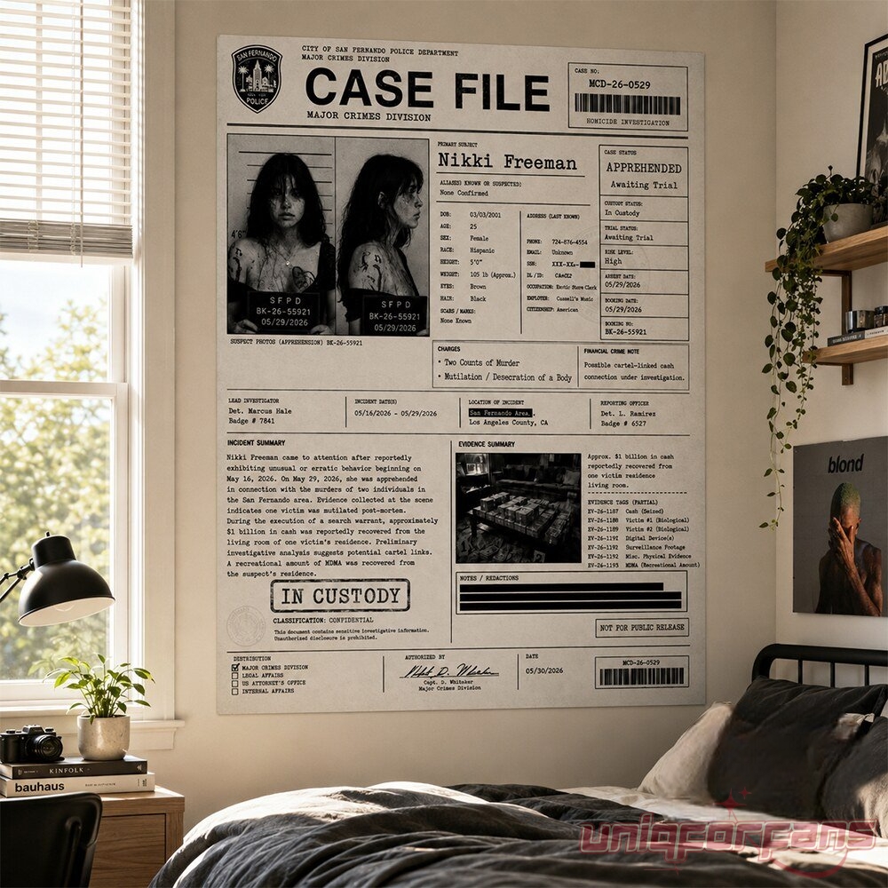 Obsession Movie 2026 Nikki Freeman True Crime Case File Poster framed as horror wall art in a modern bedroom interior