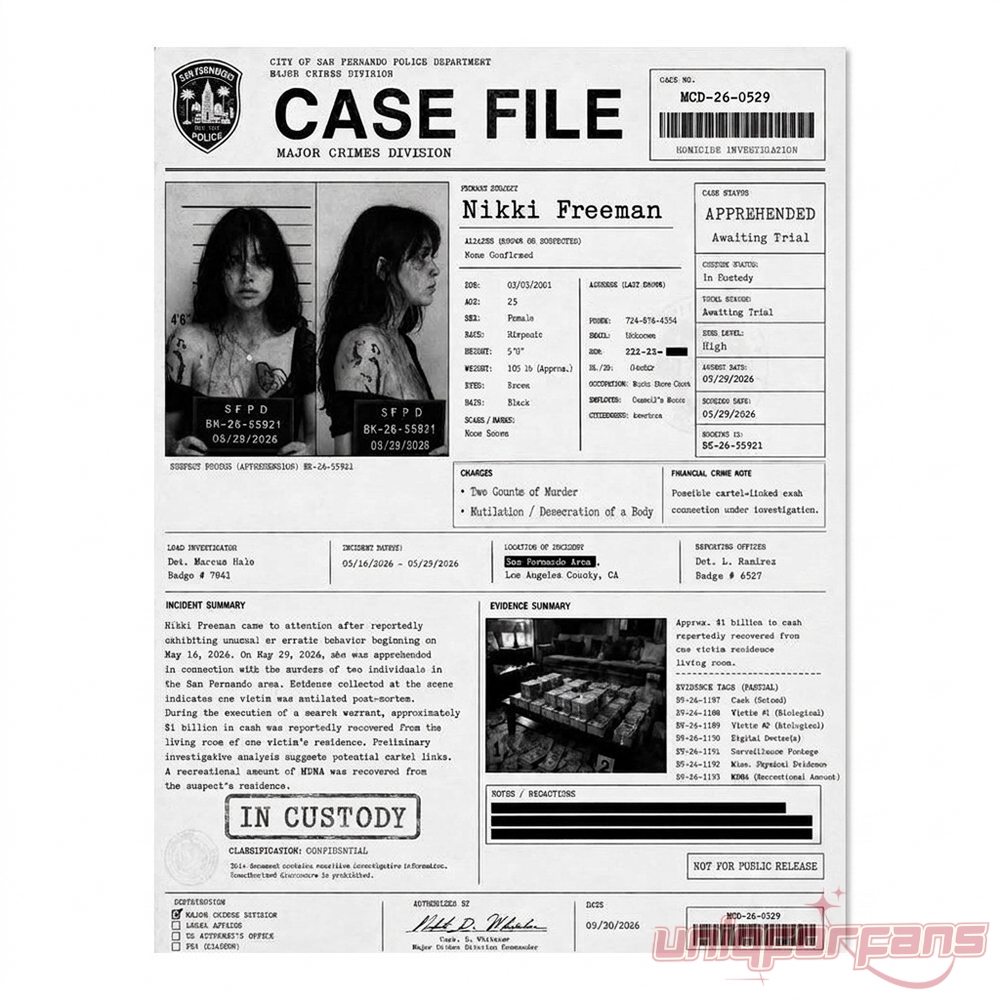 Obsession Movie 2026 Nikki Freeman True Crime Case File Poster featuring mugshots, evidence summary, and police details