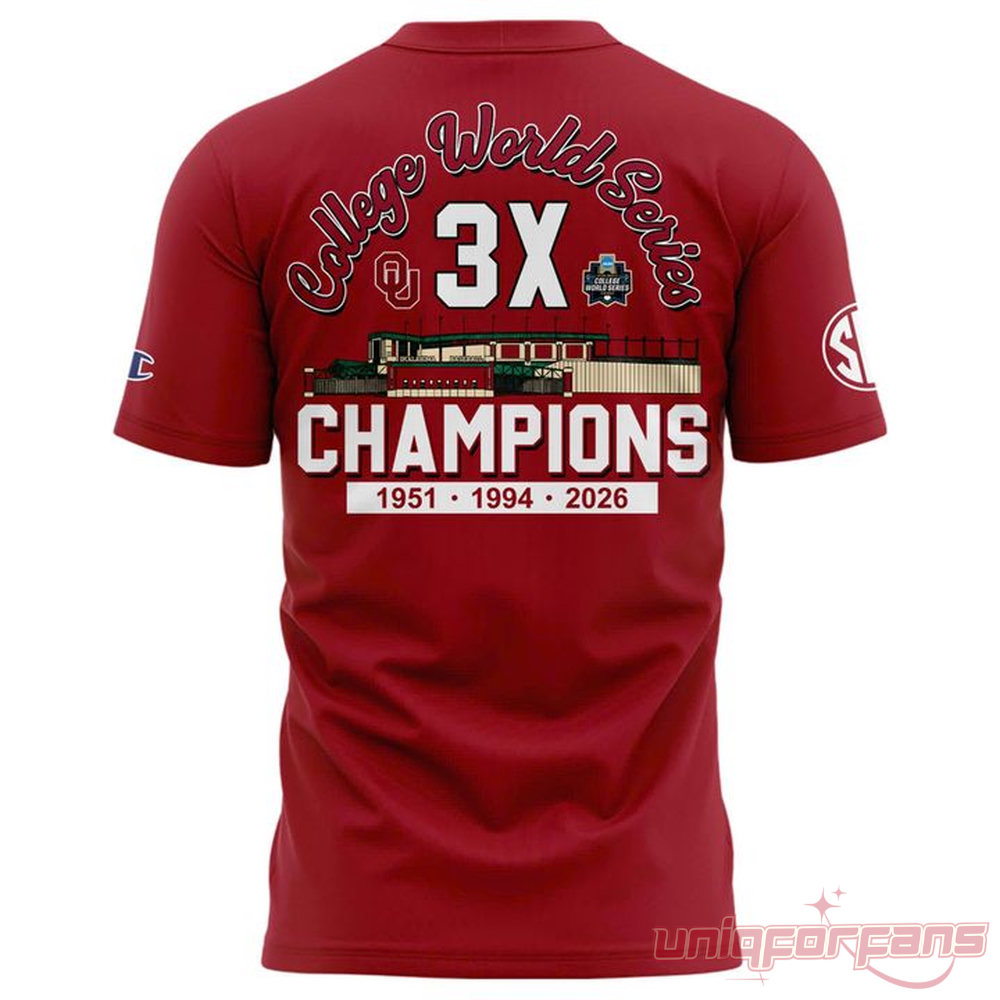 Oklahoma Sooners Red 3X College World Series Champions Locker Room T-Shirt Oklahoma Sooners Red 3X College World Series Champions Locker Room T-Shirt