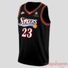 Philadelphia 76ers #23 LeBron James Jersey front view in black featuring Sixers wordmark logo and red trim.