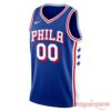 Philadelphia 76ers Custom Edition 2026 Jersey front view in royal blue featuring PHILA lettering, number 00, and side stars.
