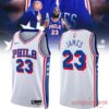 Philadelphia 76ers James #23 Basketball Jersey white edition with bold blue and red letters and star stripes