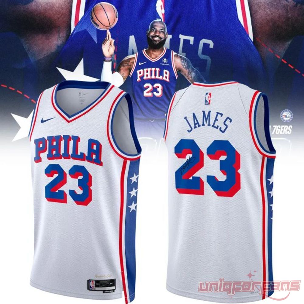 Philadelphia 76ers James #23 Basketball Jersey white edition with bold blue and red letters and star stripes