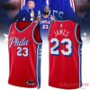 Philadelphia 76ers James #23 Basketball Jersey in red featuring script logo and white side stripe with stars