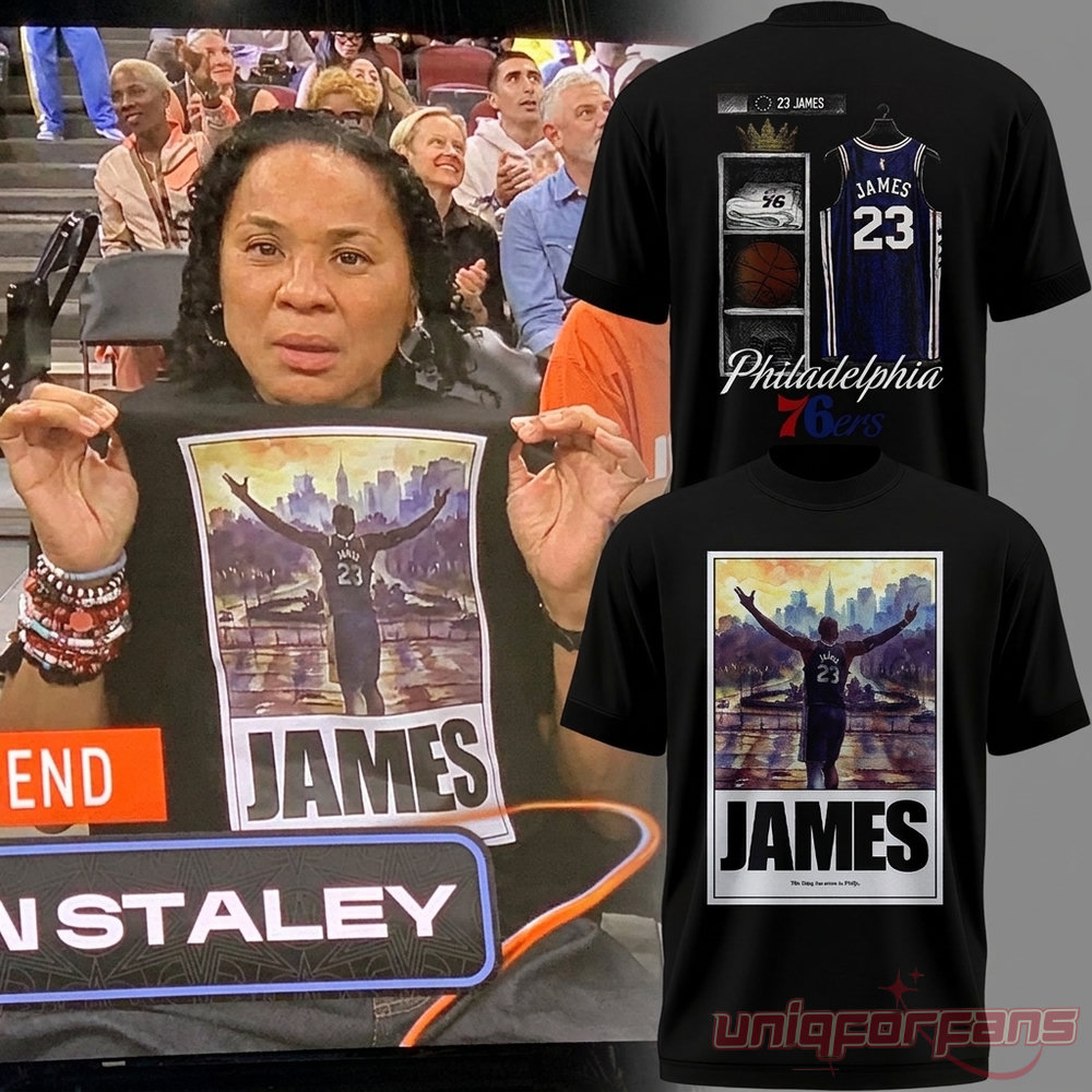 Philadelphia 76ers LeBron James The King Has Come To Philly T-Shirt shown held by a fan alongside shirt graphic