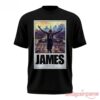Philadelphia 76ers LeBron James The King Has Come To Philly T-Shirt front view with LeBron poster graphic on black