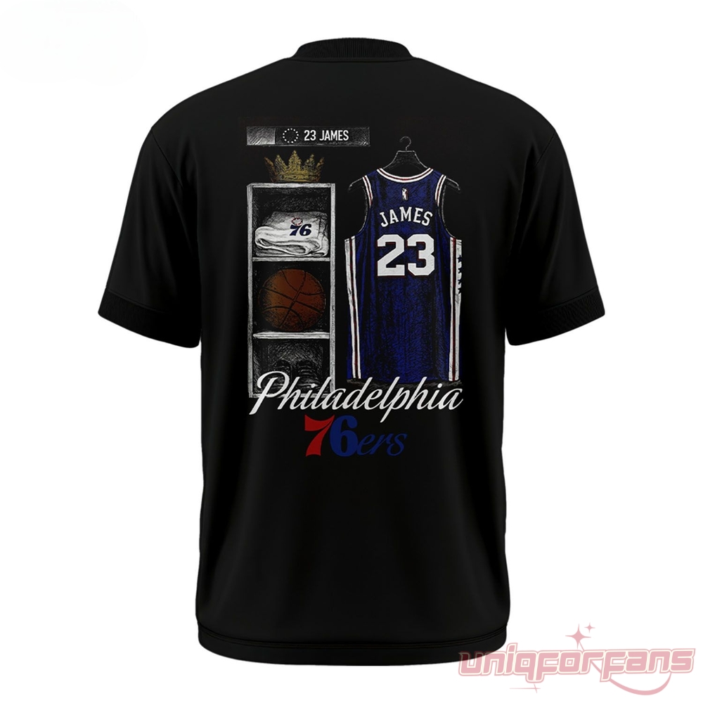 Philadelphia 76ers LeBron James The King Has Come To Philly T-Shirt back view featuring 23 jersey locker graphic