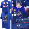 Philadelphia 76ers Welcomes the King LeBron James Number 23 T-Shirt showcase with front and back views next to player graphic.