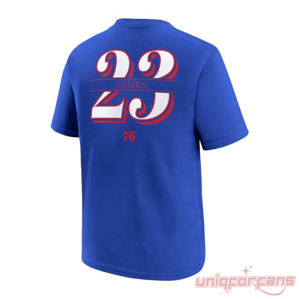 Philadelphia 76ers Welcomes the King LeBron James Number 23 T-Shirt back view displaying James name and white 23 logo.