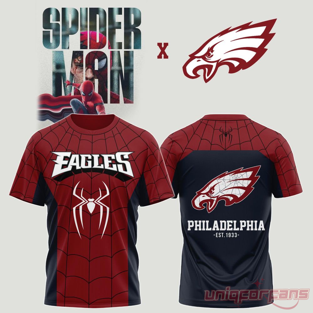 Philadelphia Eagles Spider Man 3D shirt front and back view alongside Spider-Man collab artwork
