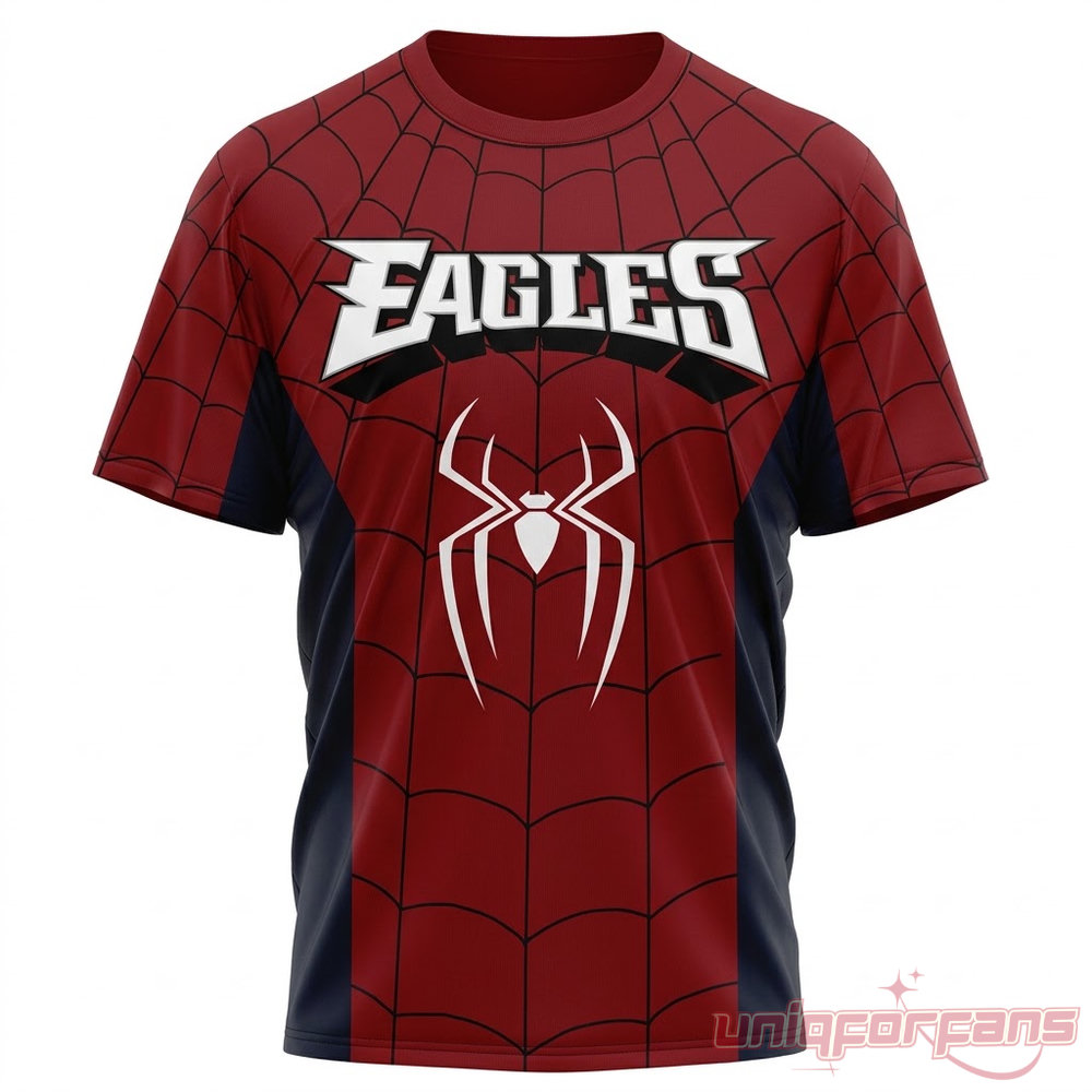 Philadelphia Eagles Spider Man 3D shirt front with red web pattern white spider emblem and Eagles text
