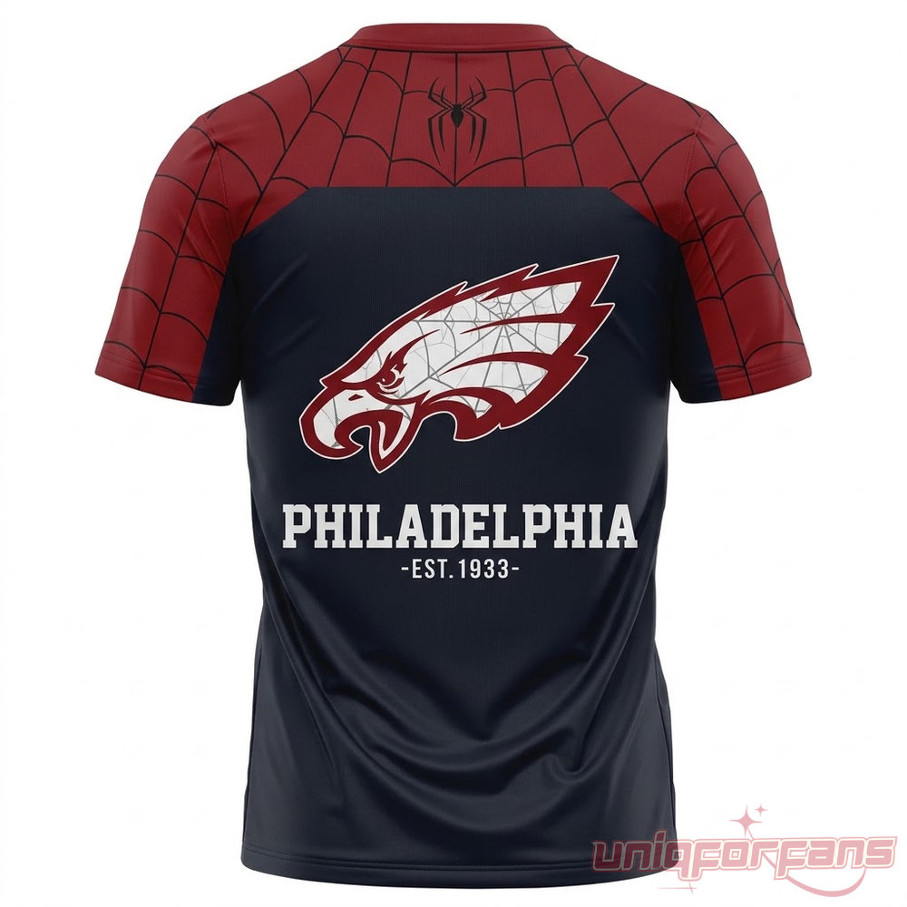 Philadelphia Eagles Spider Man 3D shirt back featuring webbed Eagles logo and Philadelphia Est 1933 text