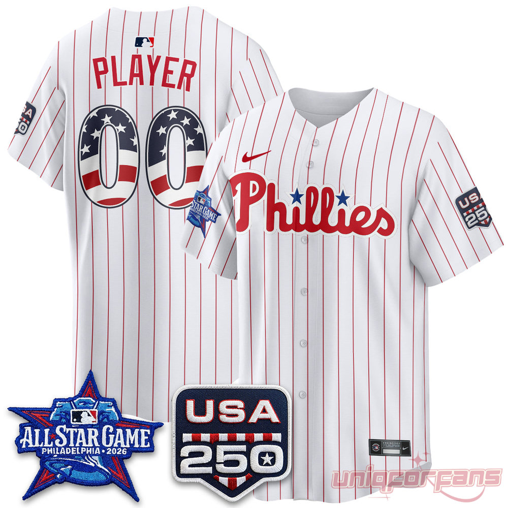 Philadelphia Phillies All-Star Game 2026 Jersey in white pinstripe with USA 250 and star-spangled 00 print
