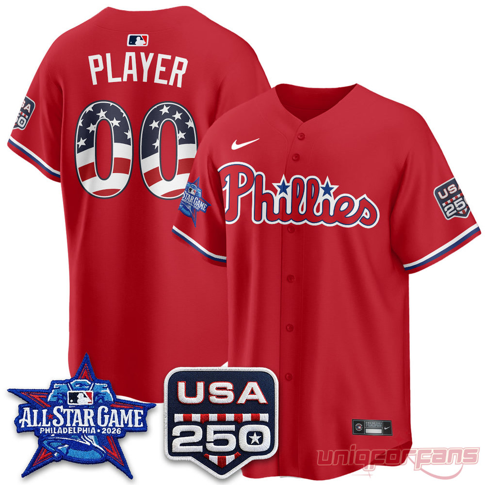 Philadelphia Phillies All-Star Game 2026 Jersey in solid red with USA 250 and star-spangled 00 print