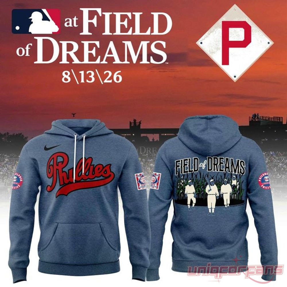 Philadelphia Phillies Field of Dreams 2026 hoodie display showing heather blue front and cornfield back graphics