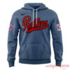 Philadelphia Phillies Field of Dreams 2026 hoodie front view in heather blue with red cursive chest script logo